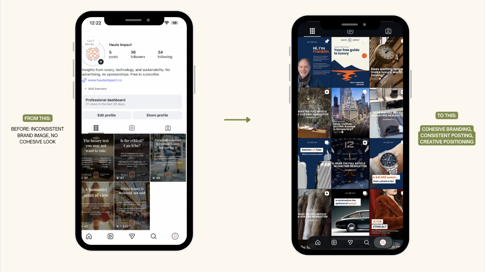 Haute Impact Instagram grid, before and after: from an inconsistent brand image to cohesive branding, consistent posting, and creative positioning