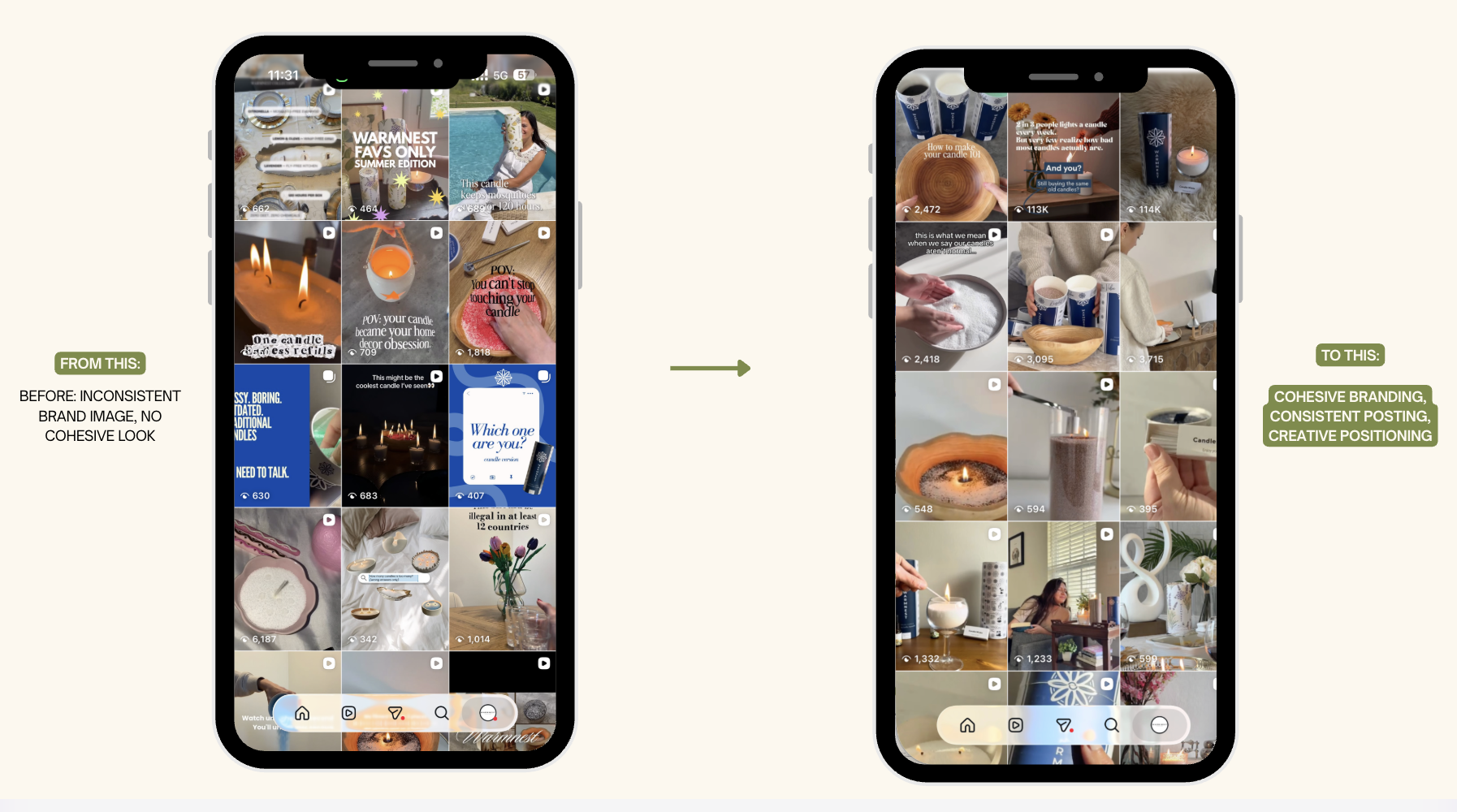 Client Instagram grid, before and after
