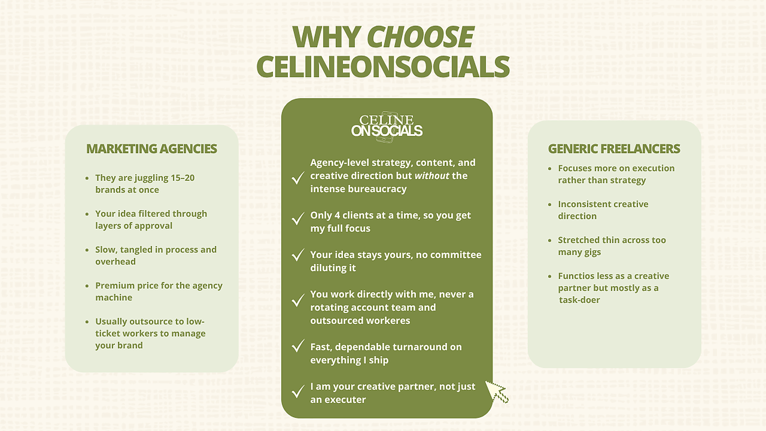 Why choose Celineonsocials, compared to agencies and freelancers