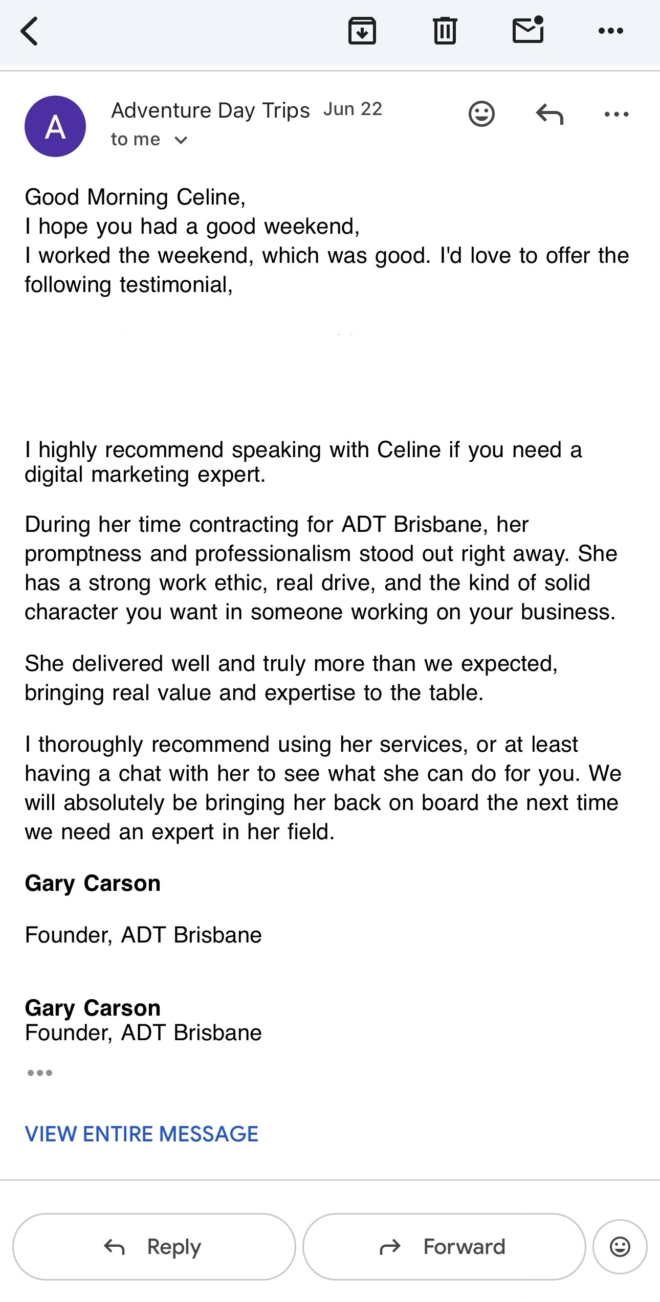 Client email testimonial